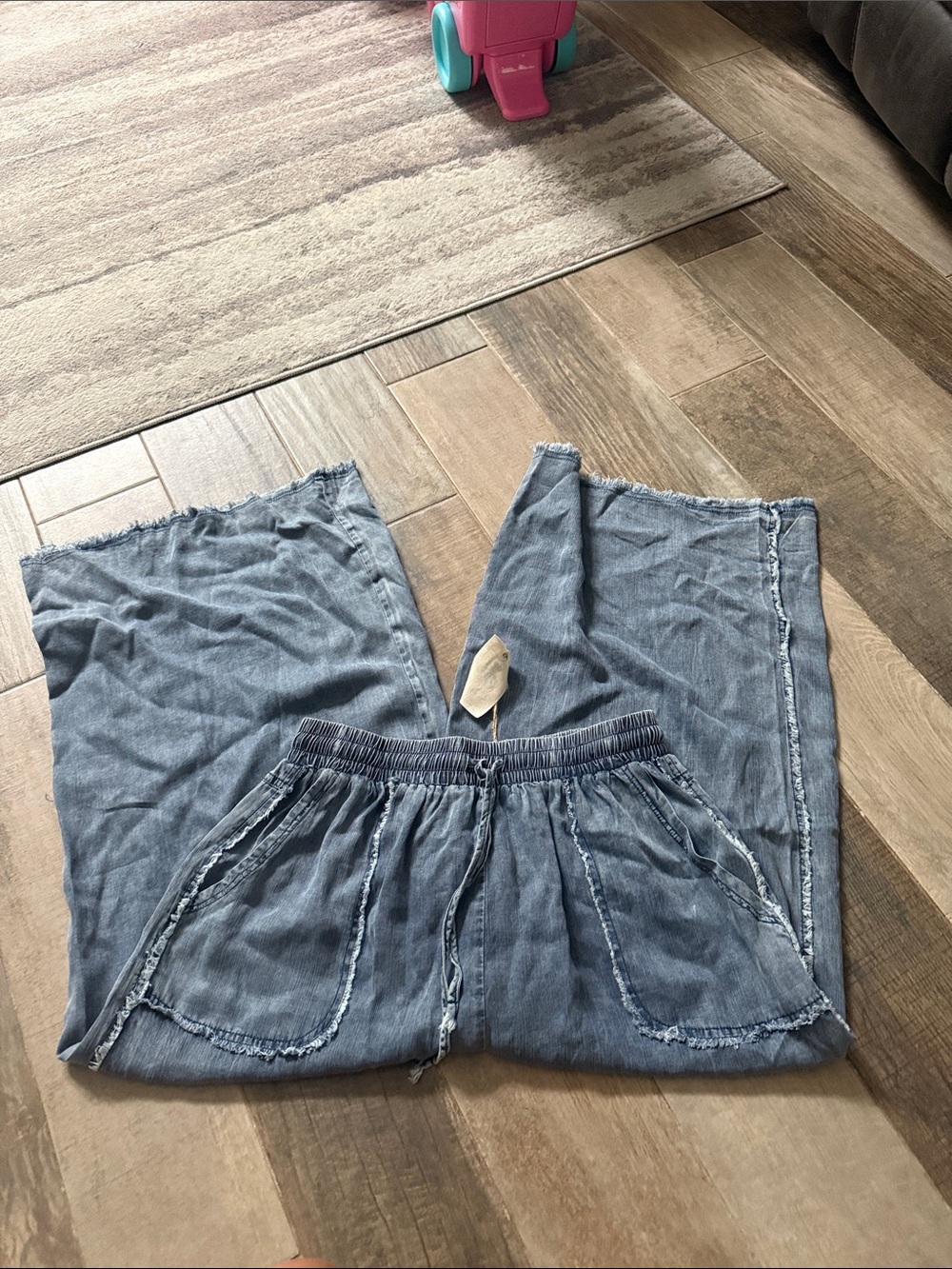 easel Denim Blue Elastic Waist Wide-Leg Pants with frayed edges